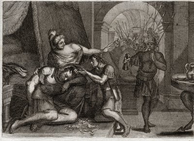Bijbel van Royaumont, Oude Testament: Dood van Samson. Samson onthult aan Delila dat zijn kracht in zijn haar zit. Ze knipt zijn haar af en brengt de Filistijnse soldaten de kamer binnen. Illustratie uit 1811. door Unknown artist
