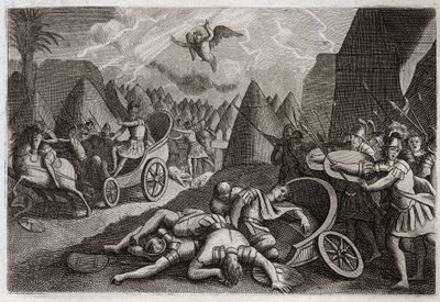 Bijbel van Royaumont, Oude Testament: Nederlaag van Sanherib. God versloeg het leger van Sanherib ten gunste van koning Hizkia door een engel die in één nacht honderdvijfentachtigduizend mannen doodde. Illustratie uit 1811. door Unknown artist