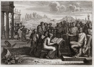Bijbel van Royaumont, Oude Testament: Vroomheid van Josias. Josia, koning van Juda, herstelt de aanbidding van God in zijn koninkrijk en overtreft alle koningen zijn voorgangers in deugd. Illustratie uit 1811. door Unknown artist