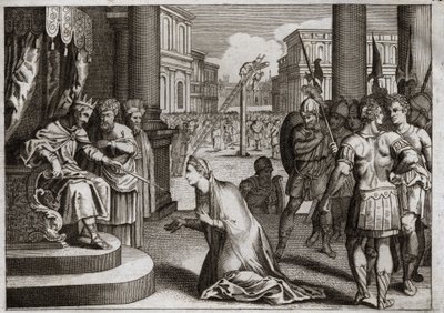 Bijbel van Royaumont, Oude Testament: Straf van Aman. Assuerus I (Xerxes I) hangt Aman (Haman) op aan de galg die hij had voorbereid voor Mardochee (of Mordekhai of Mordecai) en trekt het doodsbevel in dat hij in zijn hele koninkrijk had uitgevaardigd. door Unknown artist