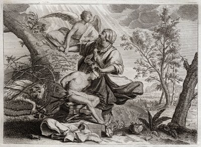 Bijbel van Royaumont, Oude Testament: Offer van Abraham. Een engel houdt Abrahams hand vast voor het offer van zijn zoon Isaak. Links staat de ram die Abraham zal doden. Illustratie uit 1811 door Unknown artist