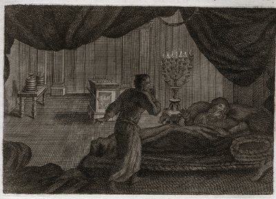 Bijbel van Royaumont, Oude Testament: Samuel geeft Heli. Anna wijdt de kleine Samuel aan de Heer en geeft hem aan de hogepriester Heli. Samuel, die de stem van de Heer hoort die hem midden in de nacht roept, denkt dat het zijn mentor is. Illustratie uit 18 door Unknown artist