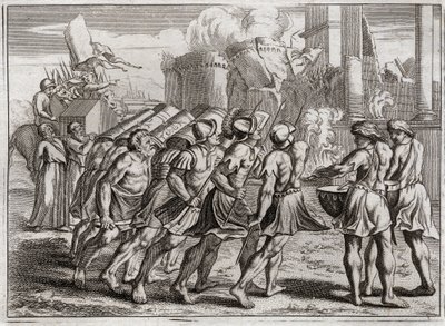 Bijbel van Royaumont, Oude Testament: Inname van Jericho. De muren van Jericho vallen op de grond door het geluid van de trompetten van de priesters die de Ark van het Verbond van de Heer voorafgingen. Illustratie uit 1811. door Unknown artist