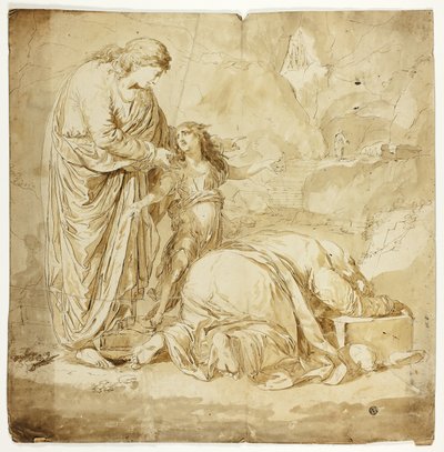 Bijbelse scène met twee vrouwen en kind op de voorgrond door Unknown artist