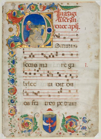 Bifolium uitgesneden uit een antifonarium: Initiaal D[ominus Iesus] met de roeping van Petrus en Andreas door Unknown artist