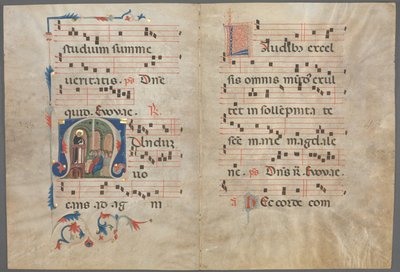 Bifolium uit een Antifonarium: Initiaal M met Sint Dominicus Predikend en Muziek door Unknown artist