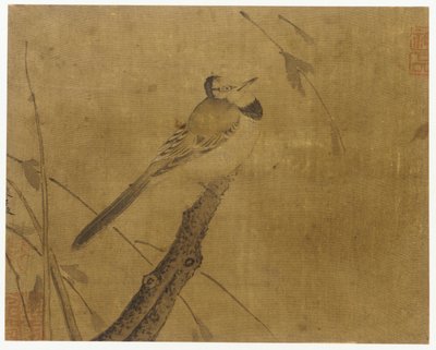 Vogel op een bladloze tak door Unknown artist