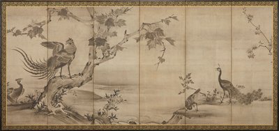 Vogels, bloemen en bomen: op de achterkant bamboebomen door Unknown artist