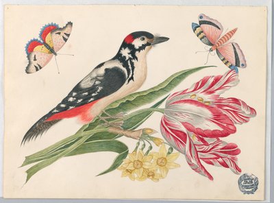 Zwart-wit gevlekte vogel op tulpenstengel, met narcissen en vlinders door Unknown artist