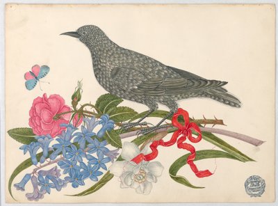 Zwarte vogel met bloesems, vlinder en rood lint door Unknown artist
