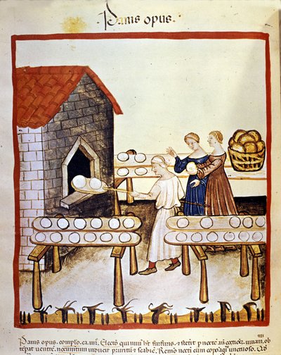 Zwart brood: een bakker aan het werk voor een oven. Verlichting uit de melk van geneeskunde en diëtetiek "Tacuinum sanitatis" door Unknown artist