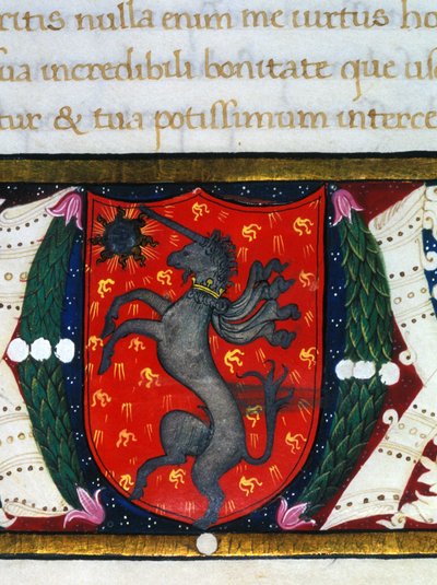 Wapen versiert een eenhoorn, een ster op een rode achtergrond. Detail van een miniatuur. 14e eeuw door Unknown artist