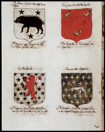 Wapenschilden van de Ridders van de Ronde Tafel: 1. Brallain, de ridder met twee slagen, 2. De Ridder van Norgales, 3. Gallehault, 4. De minnaar van Lystenois. sd. 19e eeuw door Unknown artist