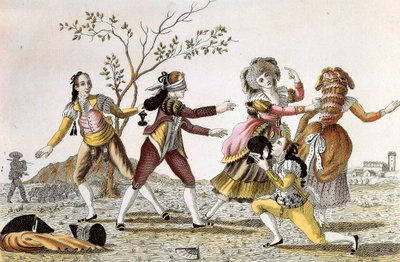 Blindemannetje: Een geblinddoekte man probeert zijn speelgenoten te vinden door Unknown artist