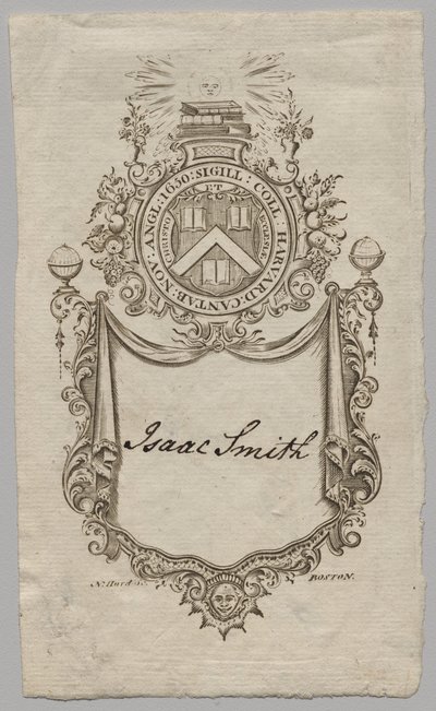 Boekplaat: Wapen met inscriptie Isaac Smith door Unknown artist