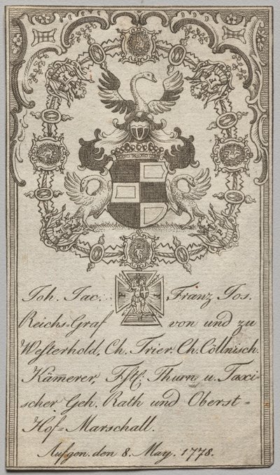 Boekplaat: Johan. Jac. Franz-Joseph, Reichs-Graf von Westerhold door Unknown artist