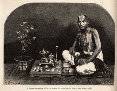 Brahmaan knielt voor het altaar van offers, biddend. Gravure ter illustratie van de reis in de zuidelijke provincies van India, door Alfred Grandidier, in 1862-1864, gepubliceerd in 