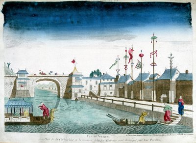 Brug van Cochinchine en boten die de paviljoens verlaten. Gravure uit het einde van de 18e eeuw door Unknown artist