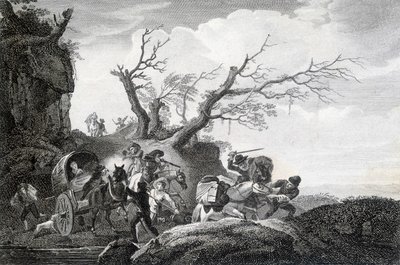 Rovers die reizigers aanvallen op een landweg. Gravure van een anonieme 18e eeuw door Unknown artist