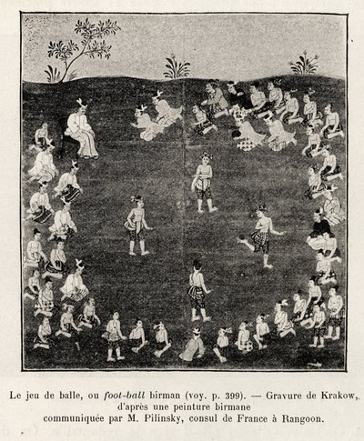 Birmaans voetbal of balspel. Gravure door Krakow ter illustratie van het verhaal 