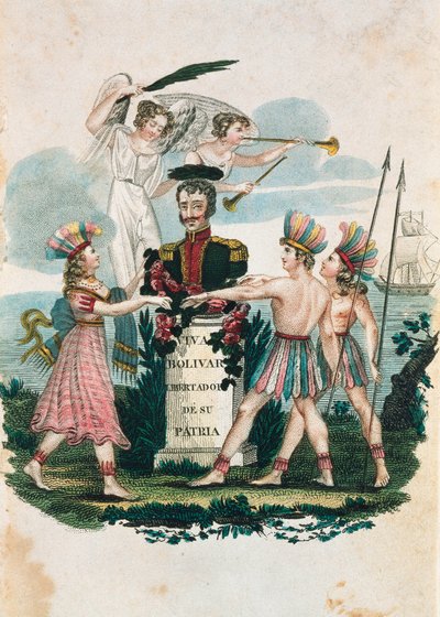 Borstbeeld van de Venezolaanse militaire held en politicus Simon Bolivar (gekleurde gravure) door Unknown artist