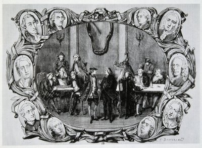 Café Procope in Parijs in de 18e eeuw met Buffon, Gilbert, Diderot, D