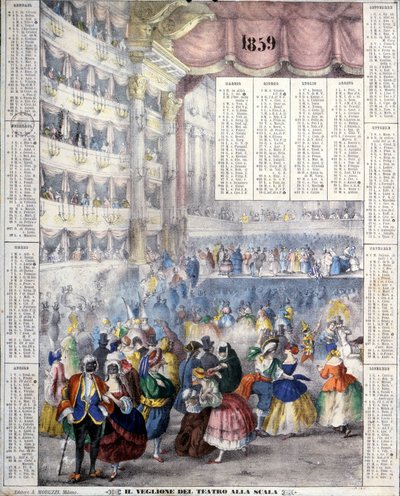Kalender van 1859 die een carnavalsavond in het Teatro alla Scala in 1859 voorstelt door Unknown artist
