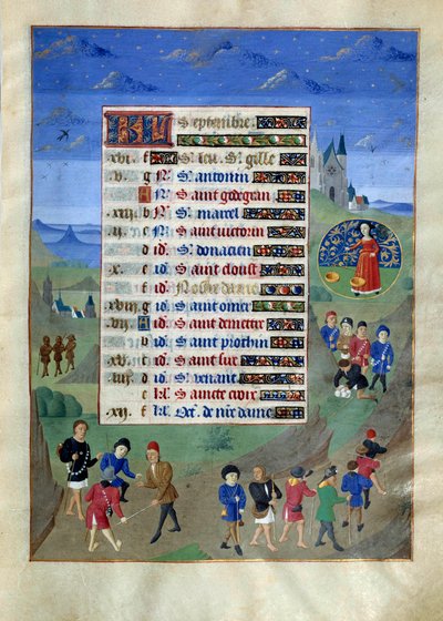 Kalenderpagina voor de maand september. Vertrek van de pelgrims (verlichte manuscriptpagina uit het Getijdenboek van de hertogin van Bourgondië, Adelaide van Savoye) door Unknown artist
