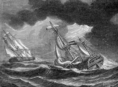 Het schip van Kapitein Cook gespaard, dankzij zijn bliksemafleider, nabij een Nederlands schip getroffen door bliksem - gravure door Unknown artist