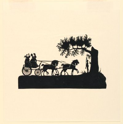 Koets en paarden in silhouet door Unknown artist