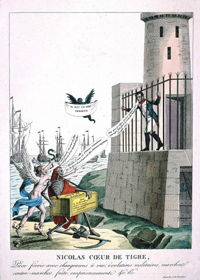 Spotprent tegen Napoleon I met personificatie van ambitie en dood, ca. 1815 door Unknown artist