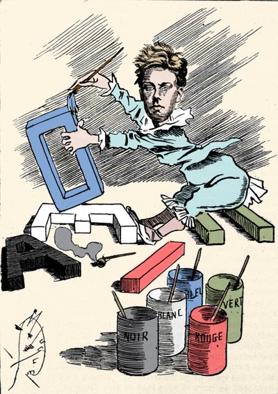 Cartoon van de dichter Arthur Rimbaud die alfabetletters met verf bedekt. Gravure uit 
