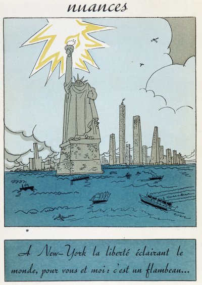 Cartoon van het Vrijheidsbeeld in de Verenigde Staten: "Vrijheid in New York verlicht de wereld, voor jou en mij is het een fakkel" door Unknown artist