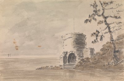 Kasteelruïne in landschap met een meer door Unknown artist