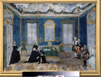 Catharina II van Rusland (1729-1796) roept kanselier Alexey Bestoezjev-Rjoemin (1693-1768) terug aan het hof. door Unknown artist