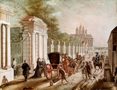 Catharina II of Catharina Alexeievna (1729-1782) verlaat het Peterhof Paleis voordat ze in 1762 tot keizerin wordt gekroond. Lithografie uit het einde van de 18e eeuw. Sint-Petersburg. Kasteel van Peterhof door Unknown artist