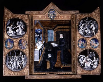 Catherine de Medici (Caterina de Medici) (1519-1589) in gebed - triptiek email en leer door Unknown artist
