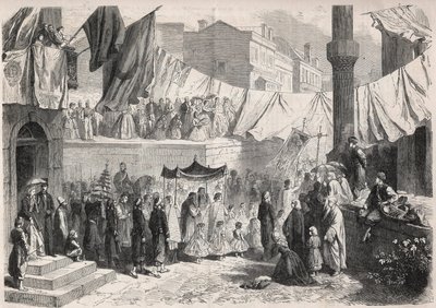 Katholieke processie in de straten van Constantinopel ter gelegenheid van het Fête-Dieu - Gravure in 