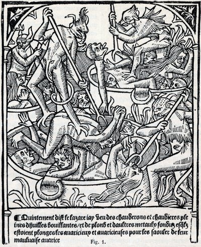 Ketels vol kokende olie en lood waarin duivels de hebzuchtigen onderdompelen om hen dronken te maken van hun slechte hebzucht. Beschrijving van Lazarus van de hel. Facsimile van 