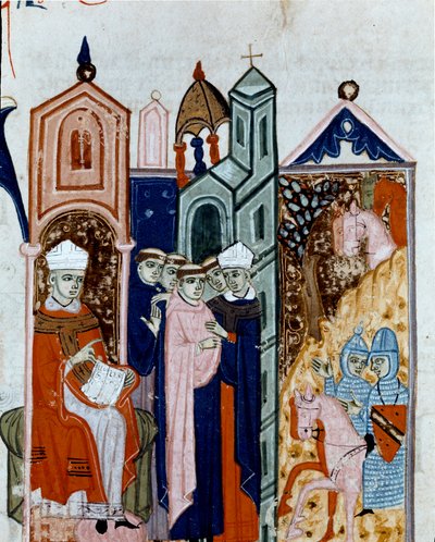 Ceremonie van het aannemen van het habijt van een miniatuurmonnik uit "Decretum Gratiani" daterend uit 1140 en regelend de wetten en canons van de Rooms-Katholieke Kerk. 14e eeuw Cesena, Biblioteca Malatestiana door Unknown artist
