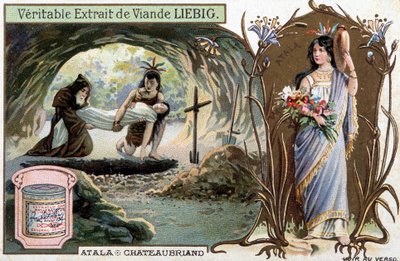 Chactas en vader Aubry begraven Atala en portret van de heldin - Scène uit Atala of De liefdes van twee wilden in de woestijn, door François René de Chateaubriand (1768-1848) - Liebig chromolithografie door Unknown artist