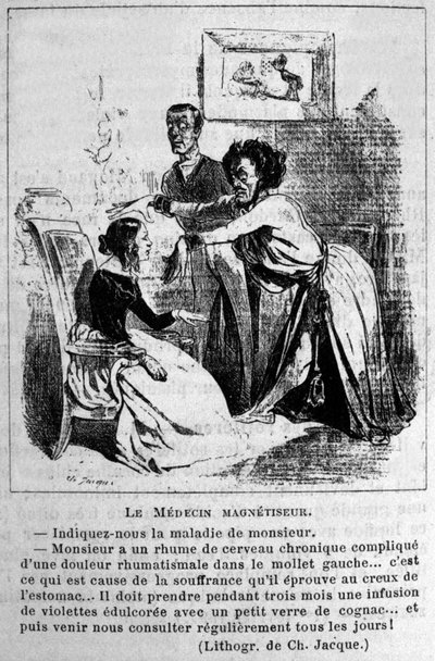 Charlatanisme: satire over het raadplegen van hypnose magnetiseurs om ziekten te behandelen. Naar een lithografie van Jacque. 19e eeuw door Unknown artist