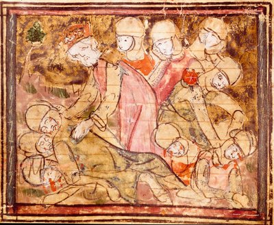 Karel de Grote (742-814) vindt het lichaam van zijn neef Roland die stierf in de Slag bij Roncesvalles Miniatuur uit 