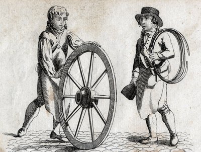 Wagenmaker met wagenwiel en leerling. Gravure eind 18e eeuw. door Unknown artist