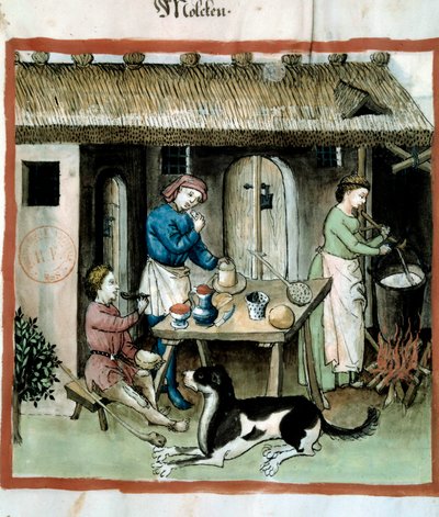 Kaas maken. Illustratie uit de Tacuinum sanitatis door Unknown artist
