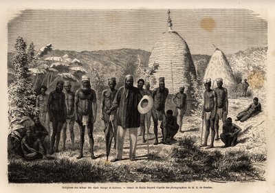 Hoofdman Mango, wiens Kone-stam verzwakt was door opeenvolgende aanvallen van de bergstammen, vond toevlucht in Gatope, aan de kust door een vriendelijk volk geleid door hoofdman Kahoua (met hoed en paraplu). Gravure ter illustratie van de reis naar Nieuw- door Unknown artist