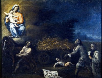Kind verpletterd door een ploeg. Ex voto van 1715 uit het heiligdom van Santa Valeria a Seregno (Milaan) door Unknown artist