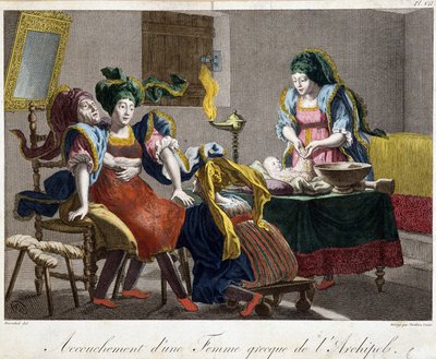 Bevalling in Griekenland - gravure, eind 19e eeuw door Unknown artist