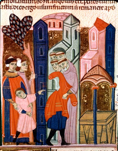 Kinderen worden toevertrouwd aan de monniken voor onderwijs. Miniatuur uit de Codex Justinianus, een verzameling wetten en instellingen herzien onder de Romeinse keizer Justinianus I van Byzantium (483-565) door Unknown artist