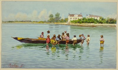 Kinderen met boot op Venetian Lagoon door Unknown artist